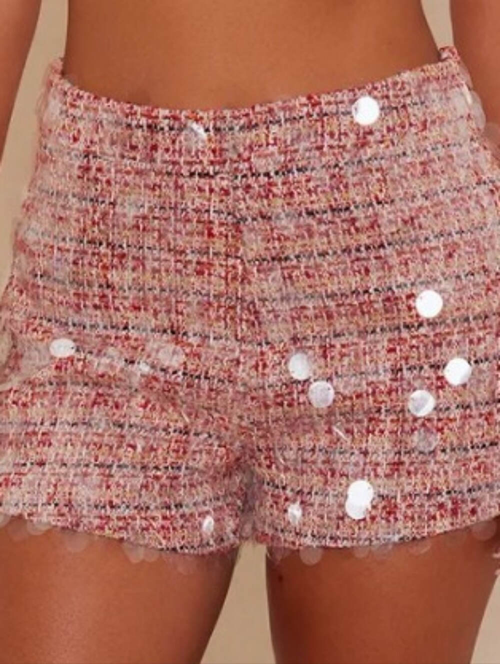 Fashion Nova Tweed High Waist Shorts in Blush Pink With Large Clear Sequins